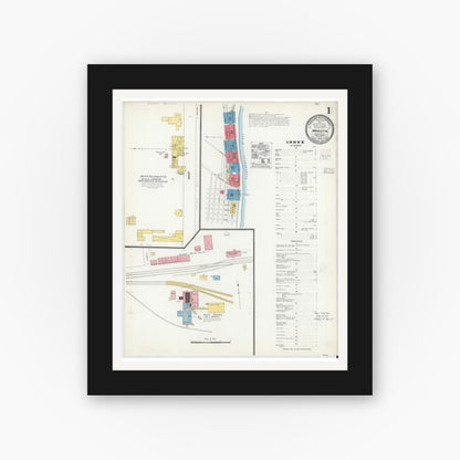Old map wall art mockup — black gallery frame with white mat — Sanborn Fire Insurance Map from Marietta, Lancaster County, Pennsylvania (1904), Sheet #0001