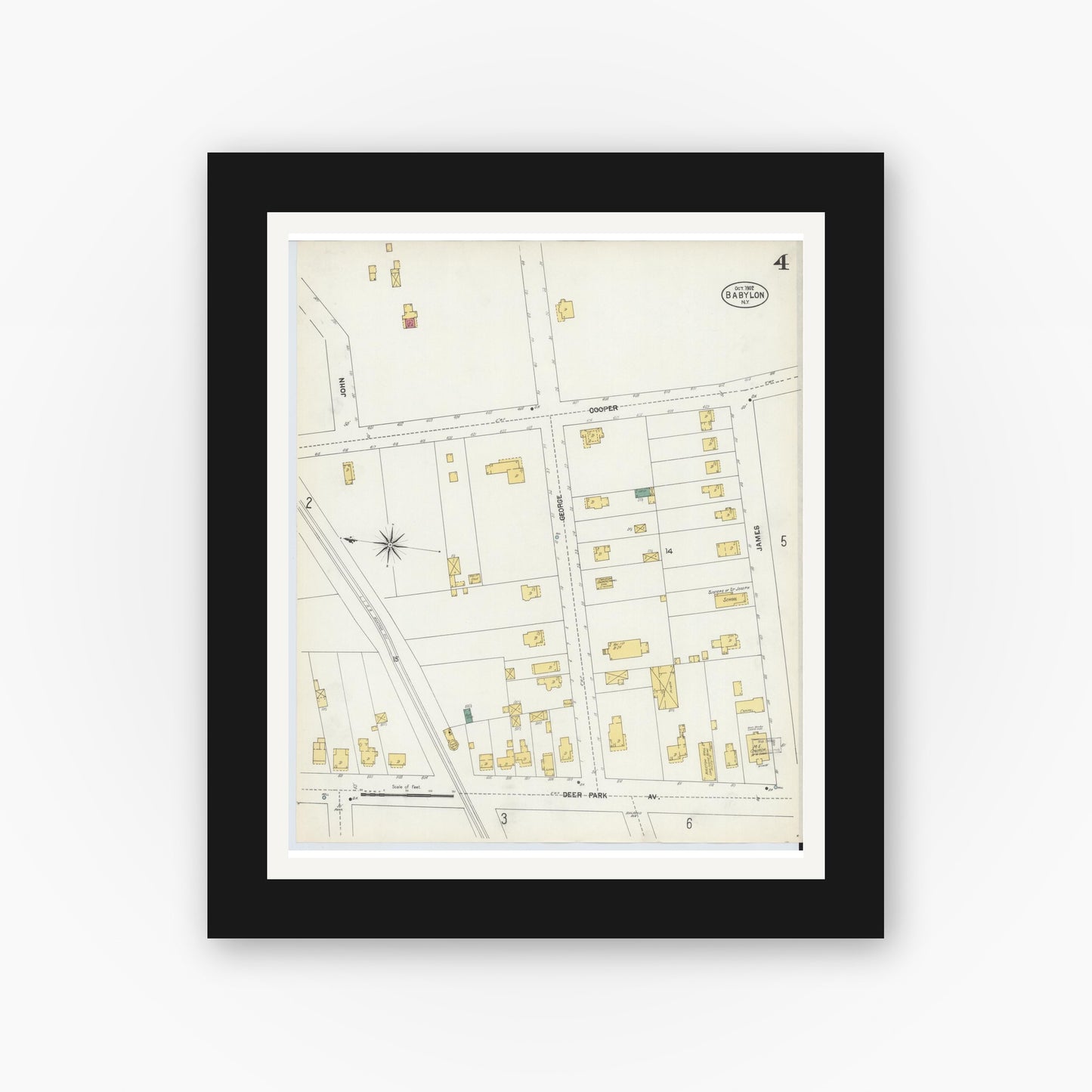 Old map wall art mockup — black gallery frame with white mat — Sanborn Fire Insurance Map from Babylon, Suffolk County, New York (1902), Sheet #0004