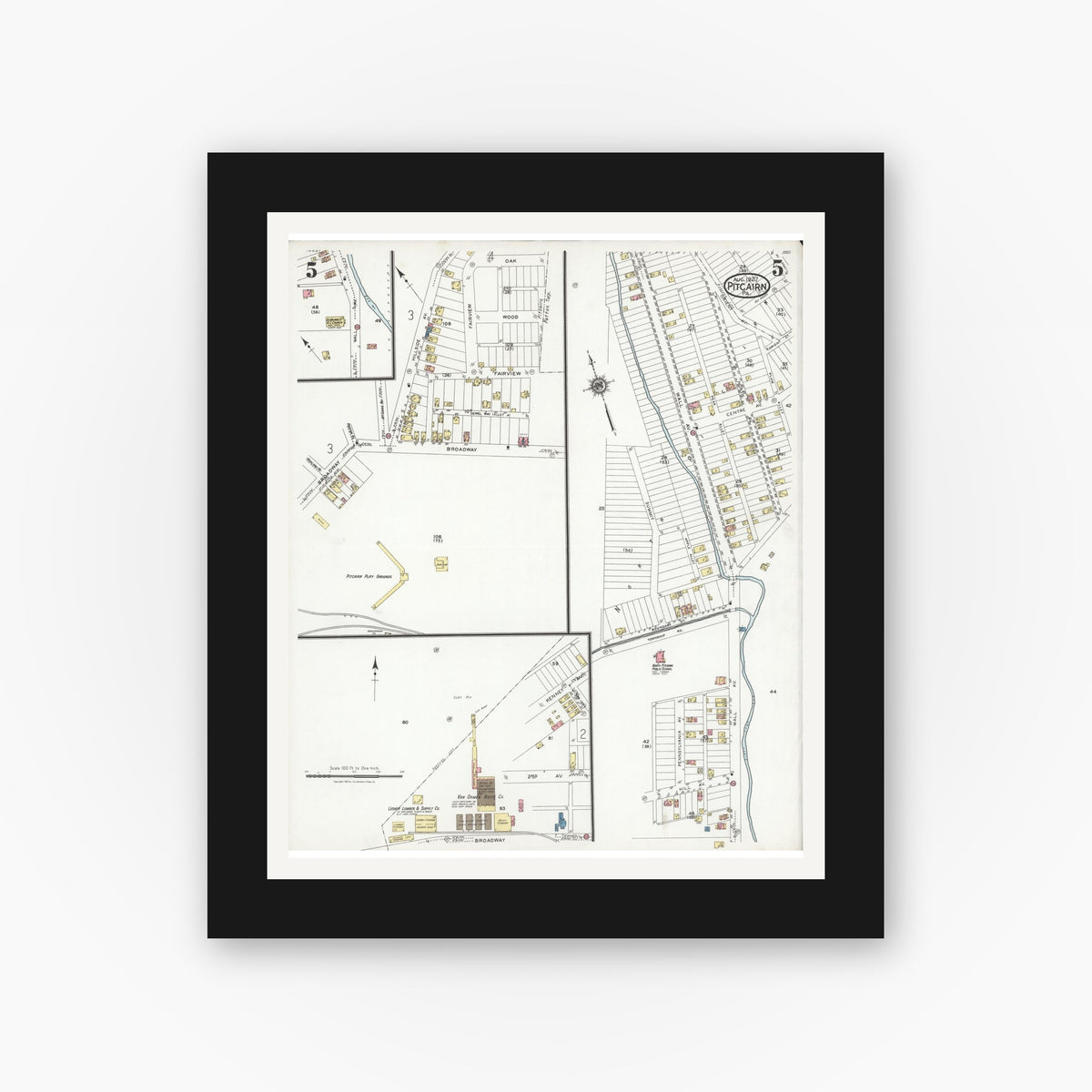 Old map wall art mockup — black gallery frame with white mat — Sanborn Fire Insurance Map from Pitcairn, Allegheny County, Pennsylvania (1927), Sheet #0005