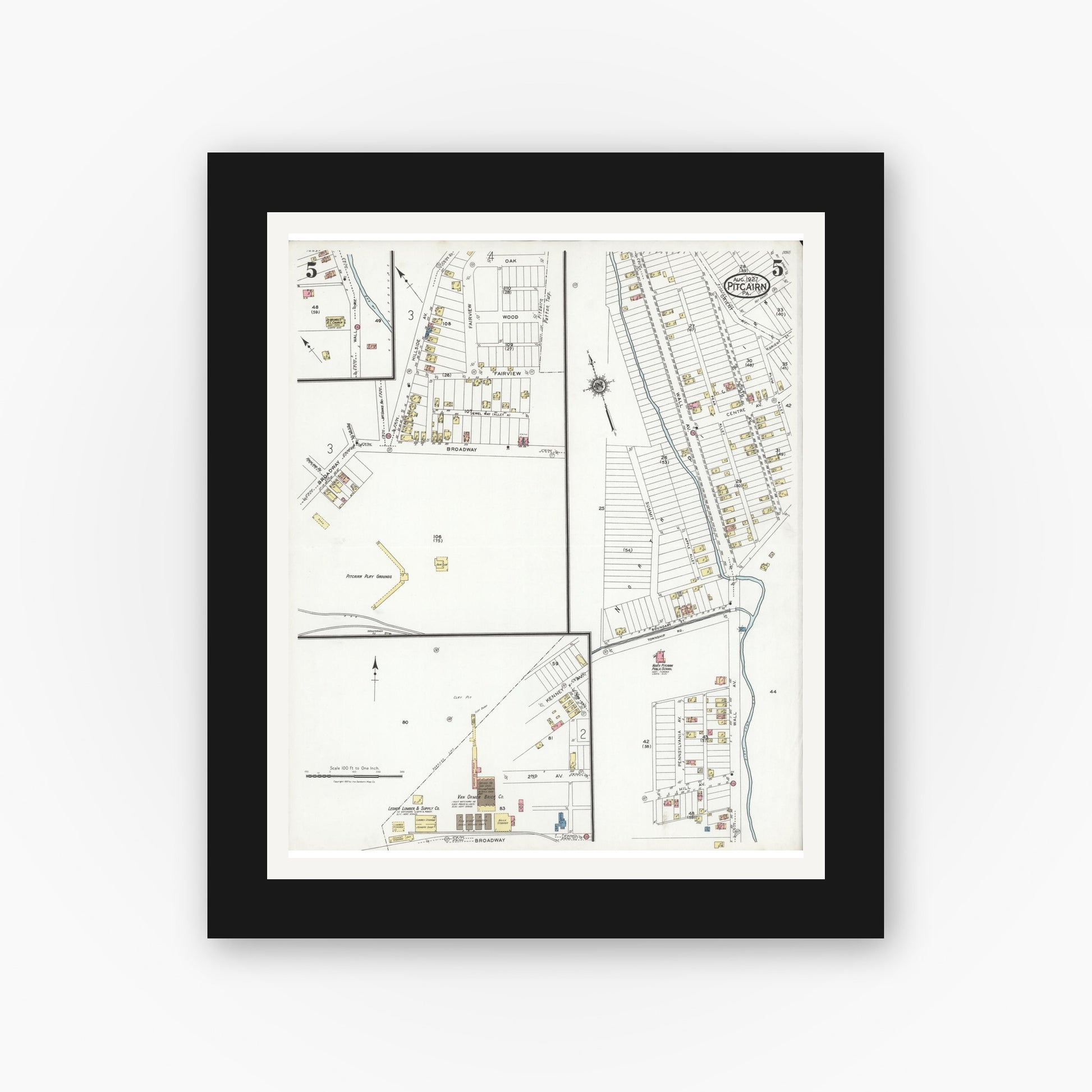Old map wall art mockup — black gallery frame with white mat — Sanborn Fire Insurance Map from Pitcairn, Allegheny County, Pennsylvania (1927), Sheet #0005