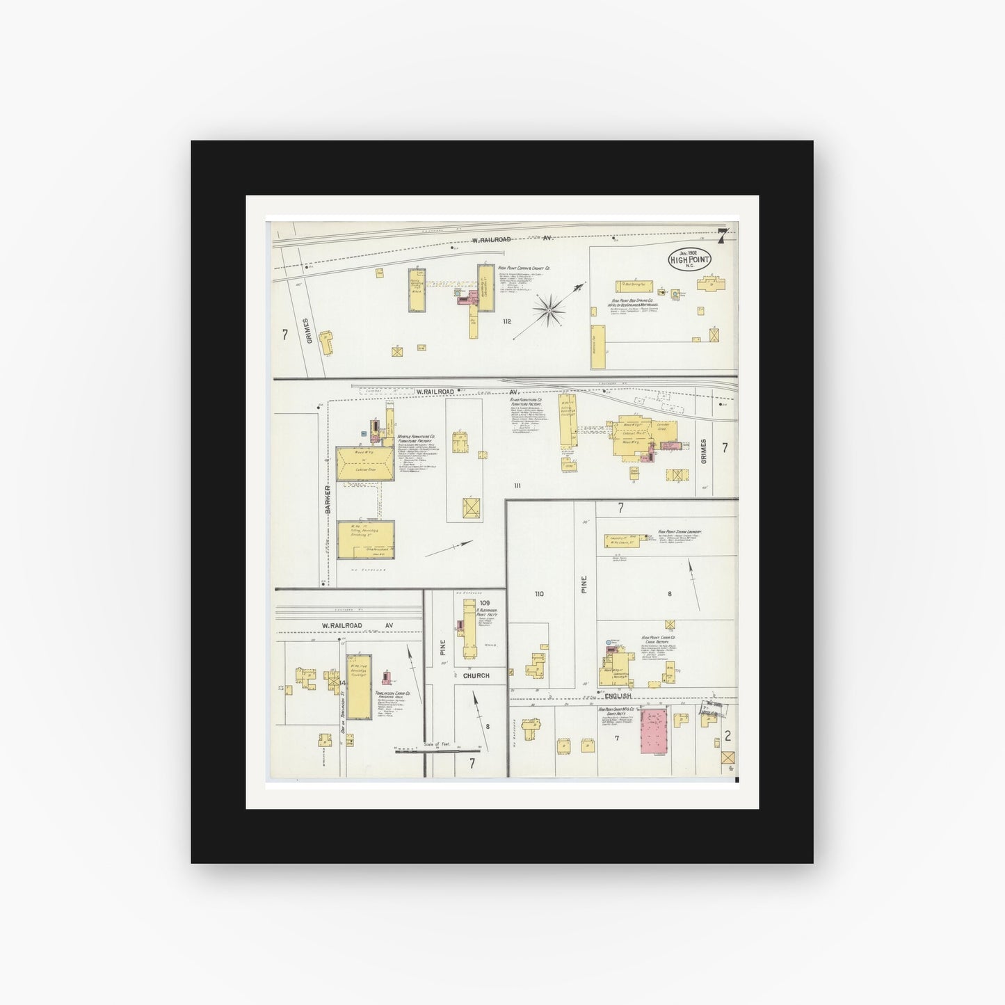 Old map wall art mockup — black gallery frame with white mat — Sanborn Fire Insurance Map from High Point, Guilford County, North Carolina (1902), Sheet #0007