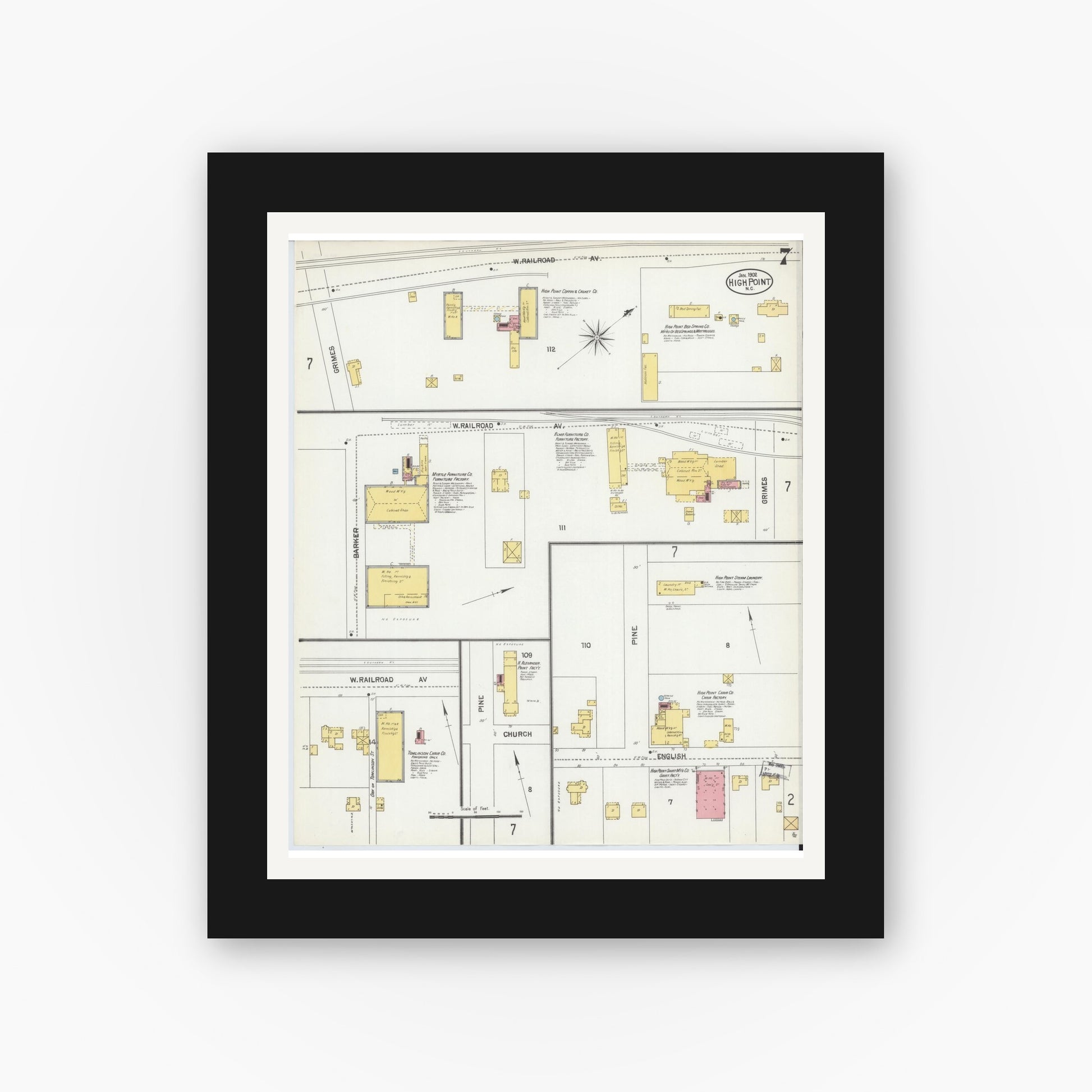 Old map wall art mockup — black gallery frame with white mat — Sanborn Fire Insurance Map from High Point, Guilford County, North Carolina (1902), Sheet #0007