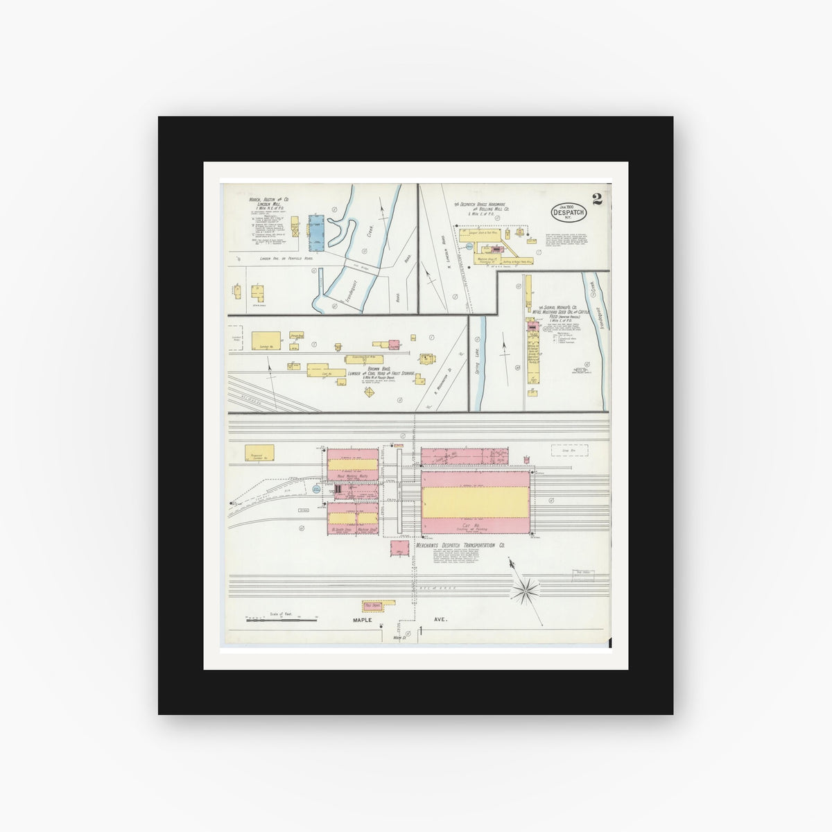 Old map wall art mockup — black gallery frame with white mat — Sanborn Fire Insurance Map from Despatch, Monroe County, New York (1900), Sheet #0002