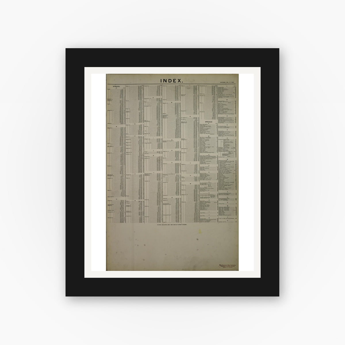 Old map wall art mockup — black gallery frame with white mat — Sanborn Fire Insurance Map from Chicago, Cook County, Illinois (1905), Sheet #0001
