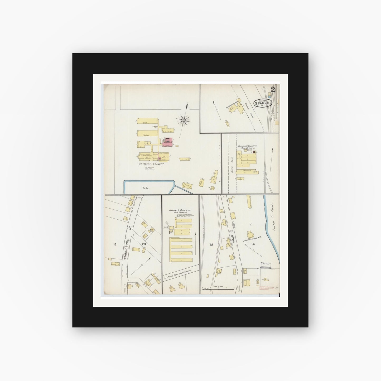 Old map wall art mockup — black gallery frame with white mat — Sanborn Fire Insurance Map from Sparkill, Rockland County, New York (1893), Sheet #0002