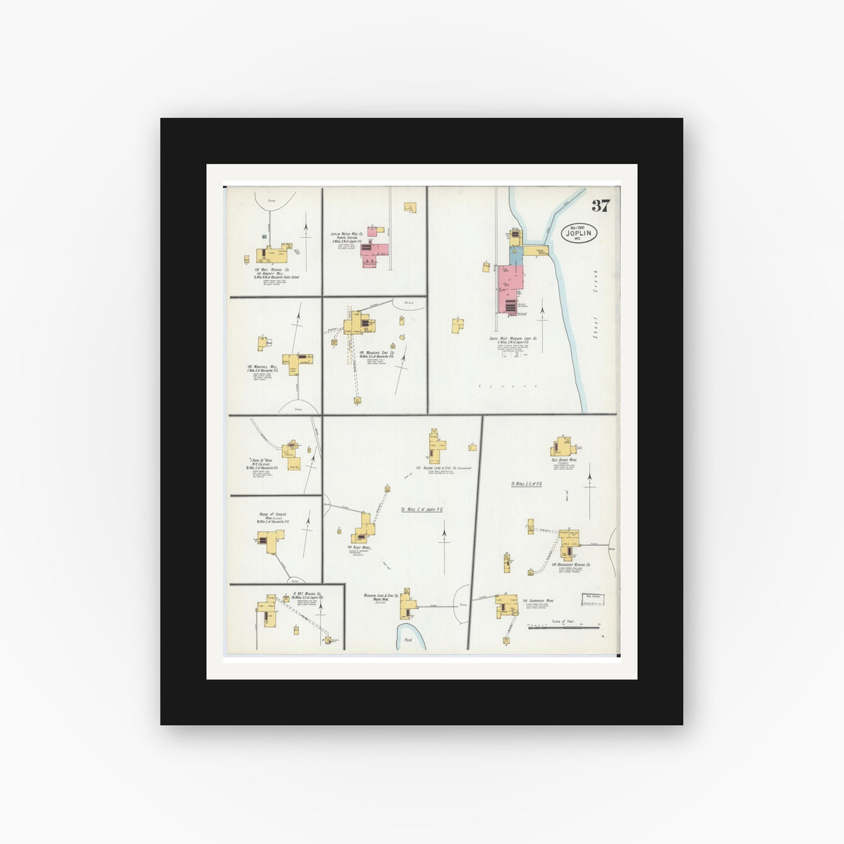 Old map wall art mockup — black gallery frame with white mat — Sanborn Fire Insurance Map from Joplin, Jasper County, Missouri (1900), Sheet #0037