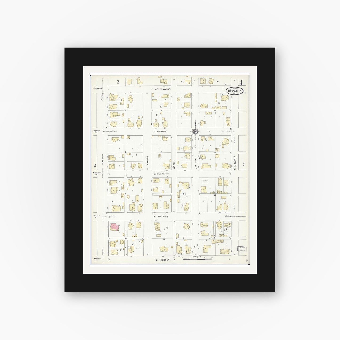 Old map wall art mockup — black gallery frame with white mat — Sanborn Fire Insurance Map from Kirksville, Adair County, Missouri (1914), Sheet #0004