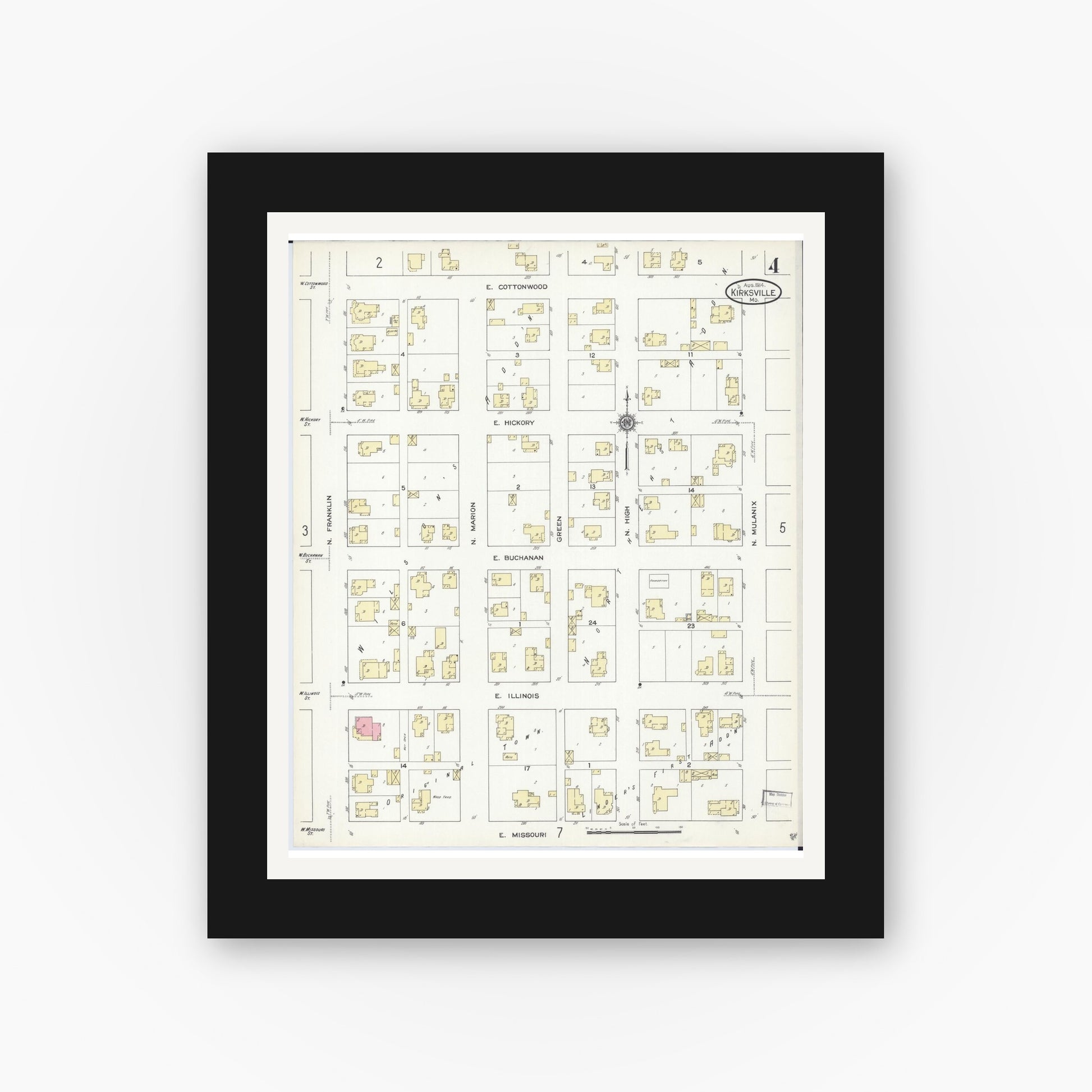 Old map wall art mockup — black gallery frame with white mat — Sanborn Fire Insurance Map from Kirksville, Adair County, Missouri (1914), Sheet #0004