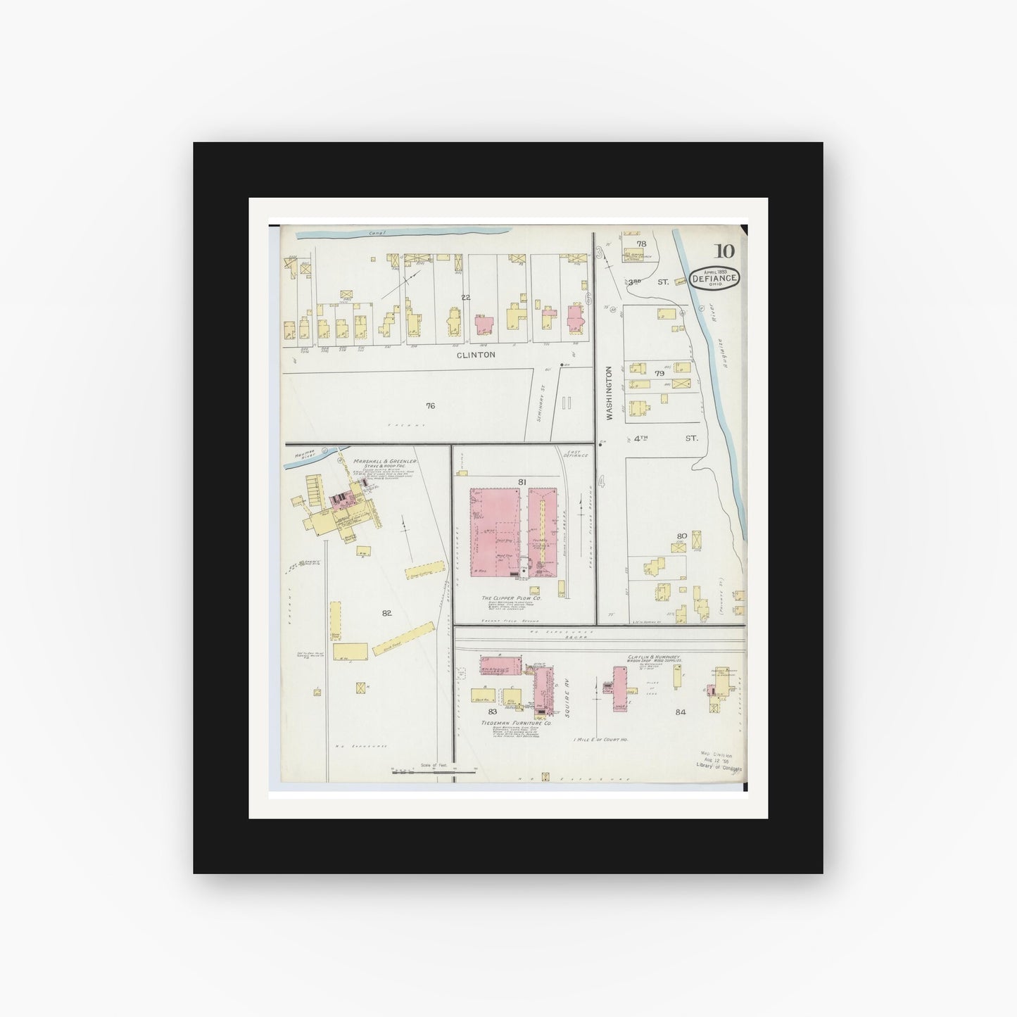 Old map wall art mockup — black gallery frame with white mat — Sanborn Fire Insurance Map from Defiance, Defiance County, Ohio (1893), Sheet #0010