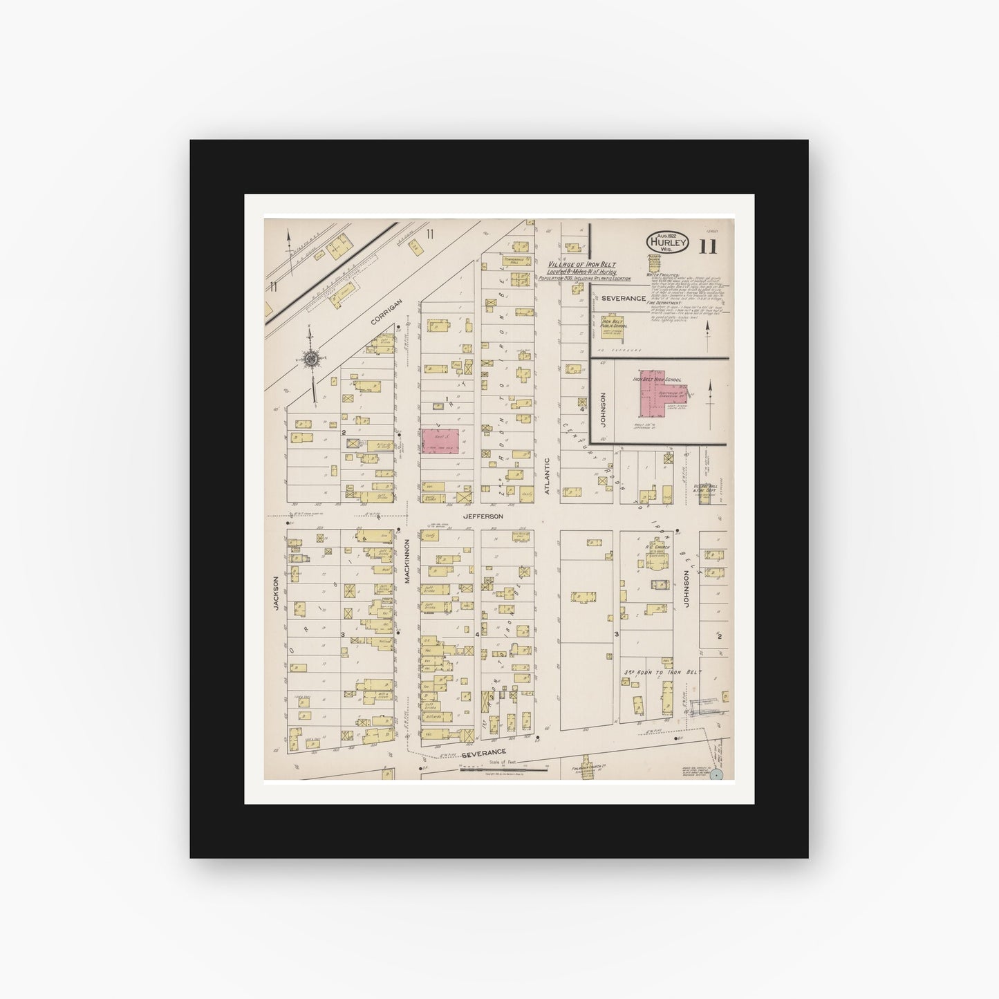 Old map wall art mockup — black gallery frame with white mat — Sanborn Fire Insurance Map from Hurley, Iron County, Wisconsin (1922), Sheet #0011