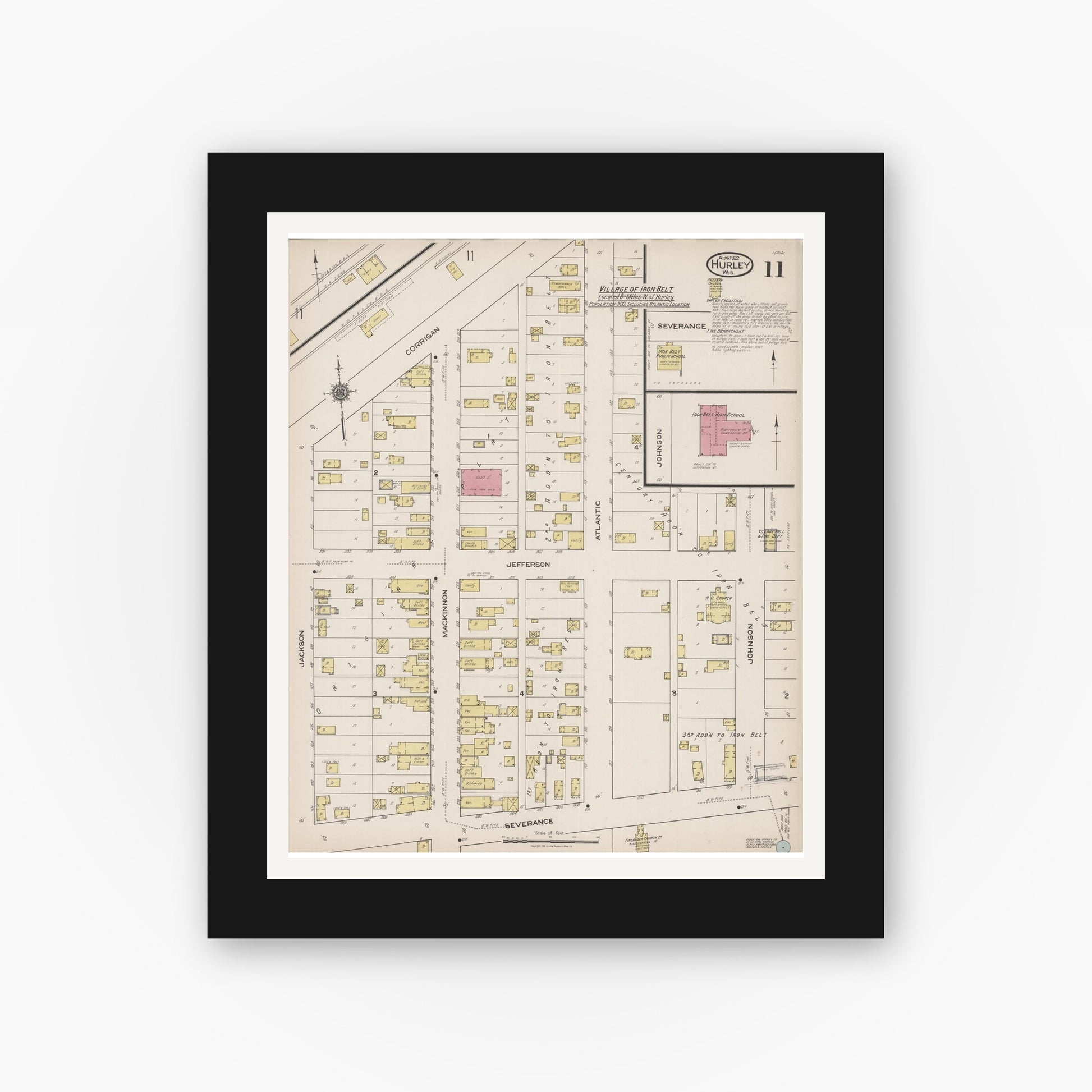 Old map wall art mockup — black gallery frame with white mat — Sanborn Fire Insurance Map from Hurley, Iron County, Wisconsin (1922), Sheet #0011
