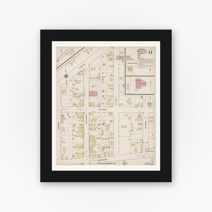 Old map wall art mockup — black gallery frame with white mat — Sanborn Fire Insurance Map from Hurley, Iron County, Wisconsin (1922), Sheet #0011