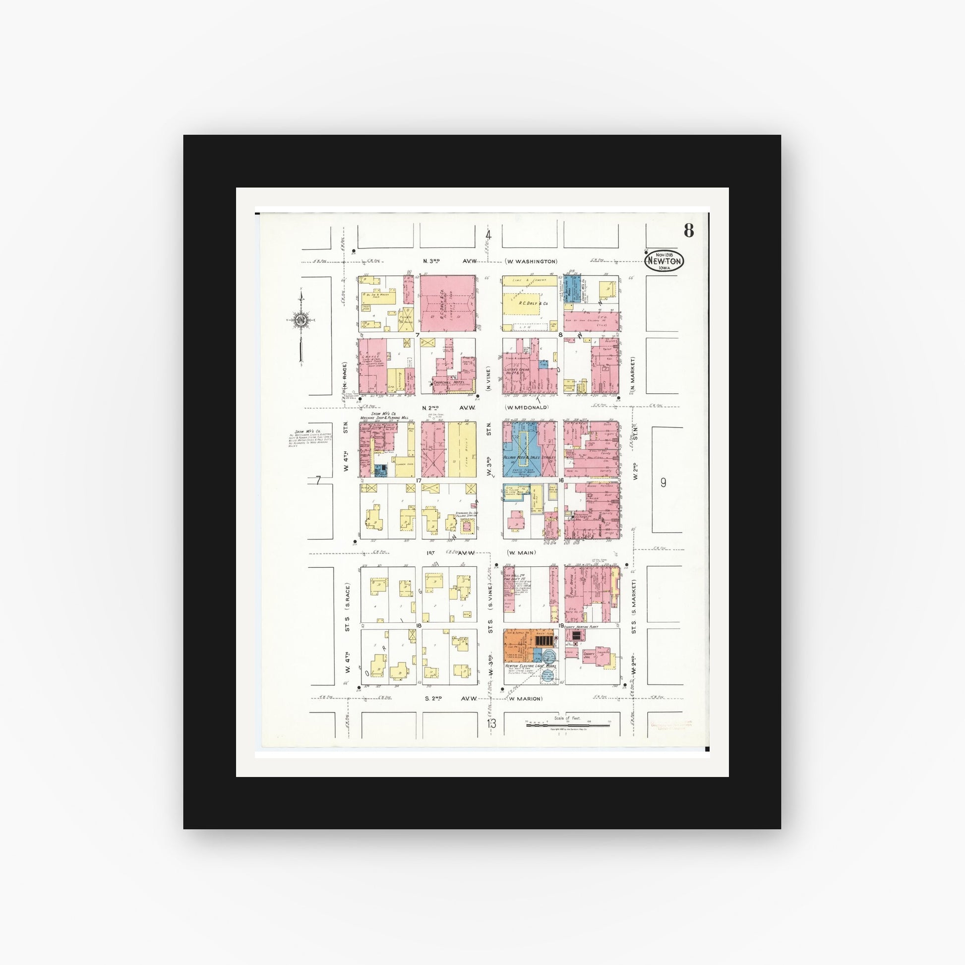 Old map wall art mockup — black gallery frame with white mat — Sanborn Fire Insurance Map from Newton, Jasper County, Iowa (1918), Sheet #0008