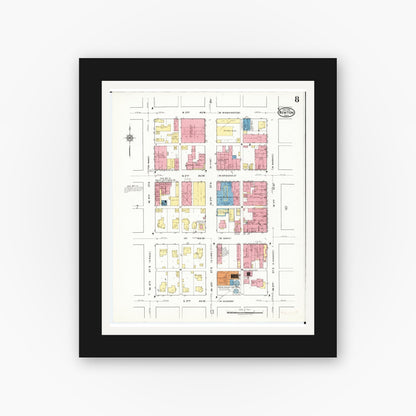 Old map wall art mockup — black gallery frame with white mat — Sanborn Fire Insurance Map from Newton, Jasper County, Iowa (1918), Sheet #0008