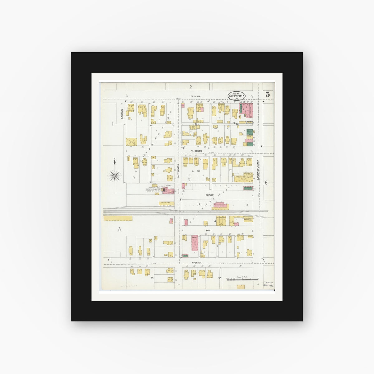 Old map wall art mockup — black gallery frame with white mat — Sanborn Fire Insurance Map from Greenfield, Hancock County, Indiana (1906), Sheet #0005