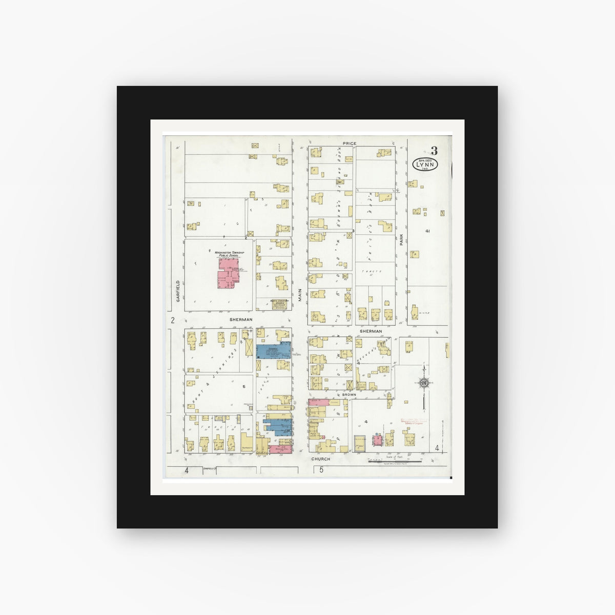 Old map wall art mockup — black gallery frame with white mat — Sanborn Fire Insurance Map from Lynn, Randolph County, Indiana (1920), Sheet #0003