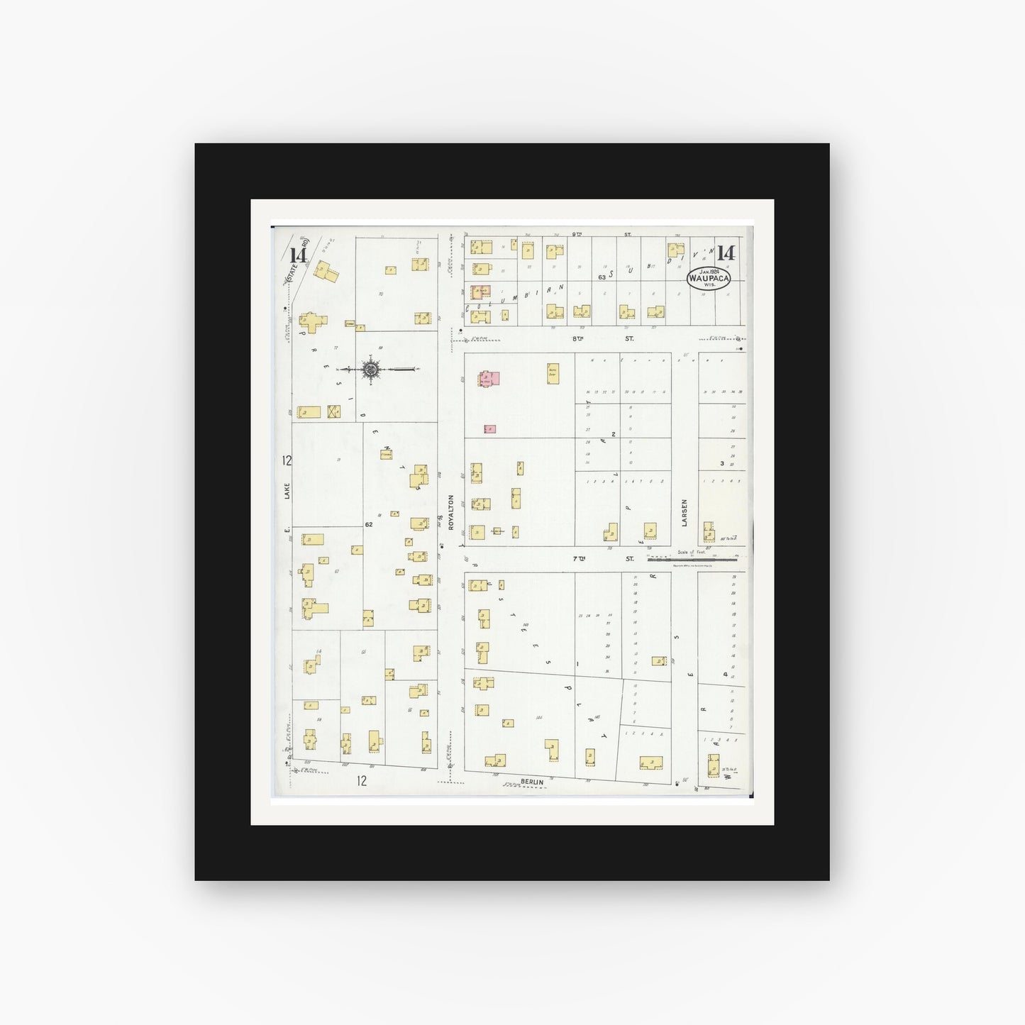 Old map wall art mockup — black gallery frame with white mat — Sanborn Fire Insurance Map from Waupaca, Waupaca County, Wisconsin (1924), Sheet #0014