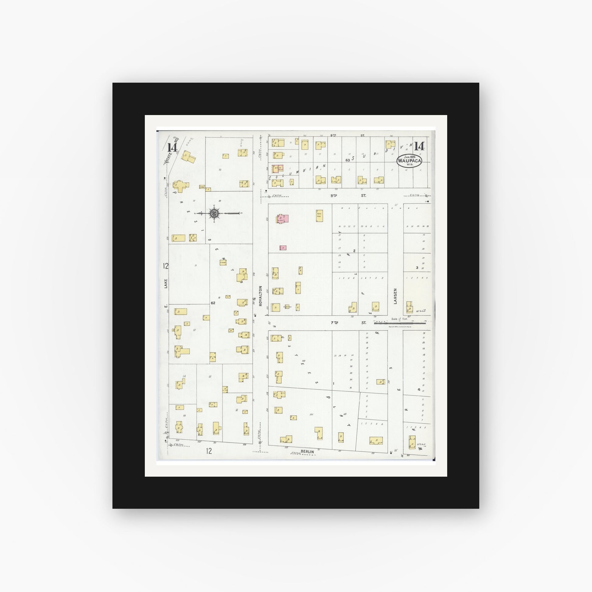 Old map wall art mockup — black gallery frame with white mat — Sanborn Fire Insurance Map from Waupaca, Waupaca County, Wisconsin (1924), Sheet #0014