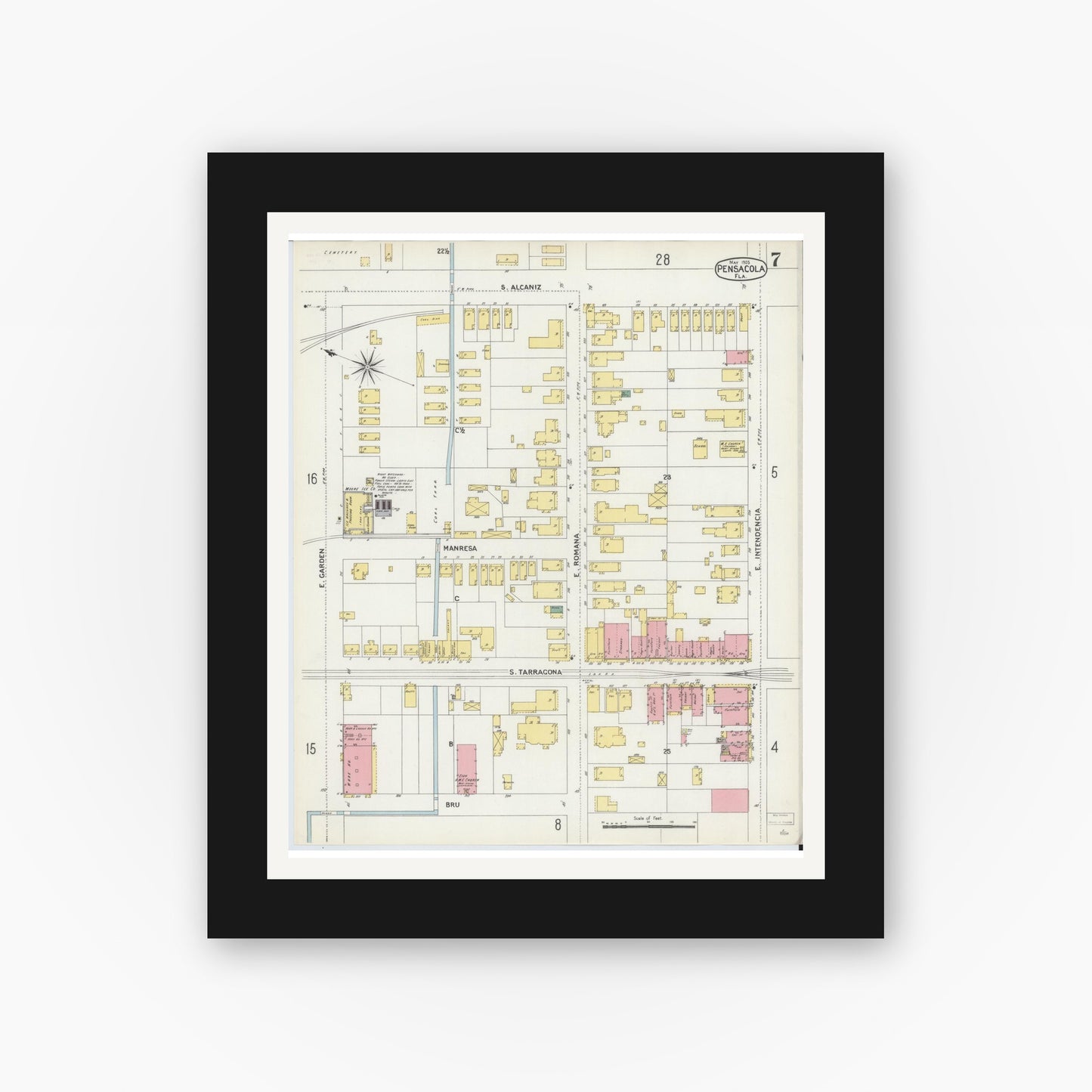 Old map wall art mockup — black gallery frame with white mat — Sanborn Fire Insurance Map from Pensacola, Escambia County, Florida (1903), Sheet #0007