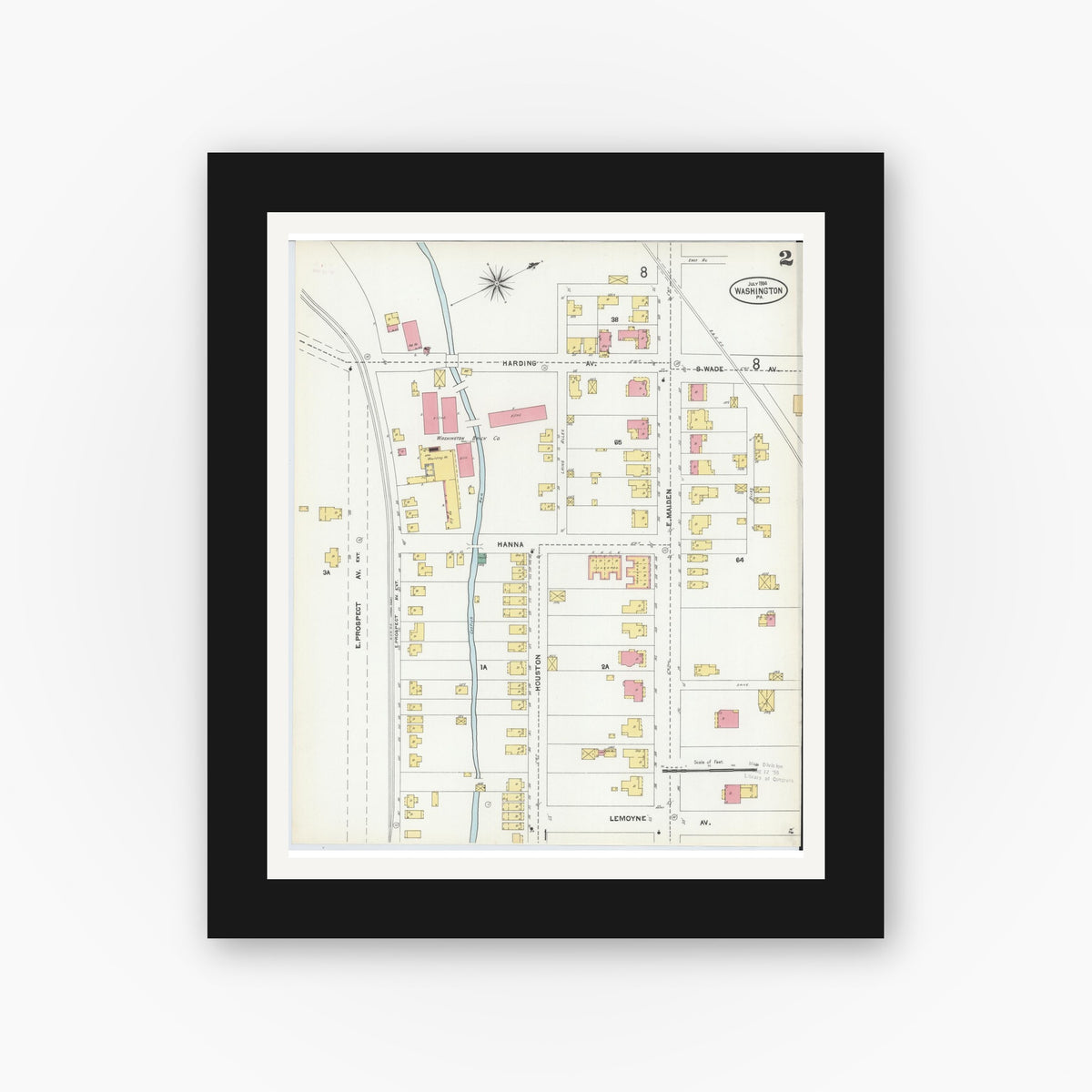 Old map wall art mockup — black gallery frame with white mat — Sanborn Fire Insurance Map from Washington, Washington County, Pennsylvania (1904), Sheet #0002