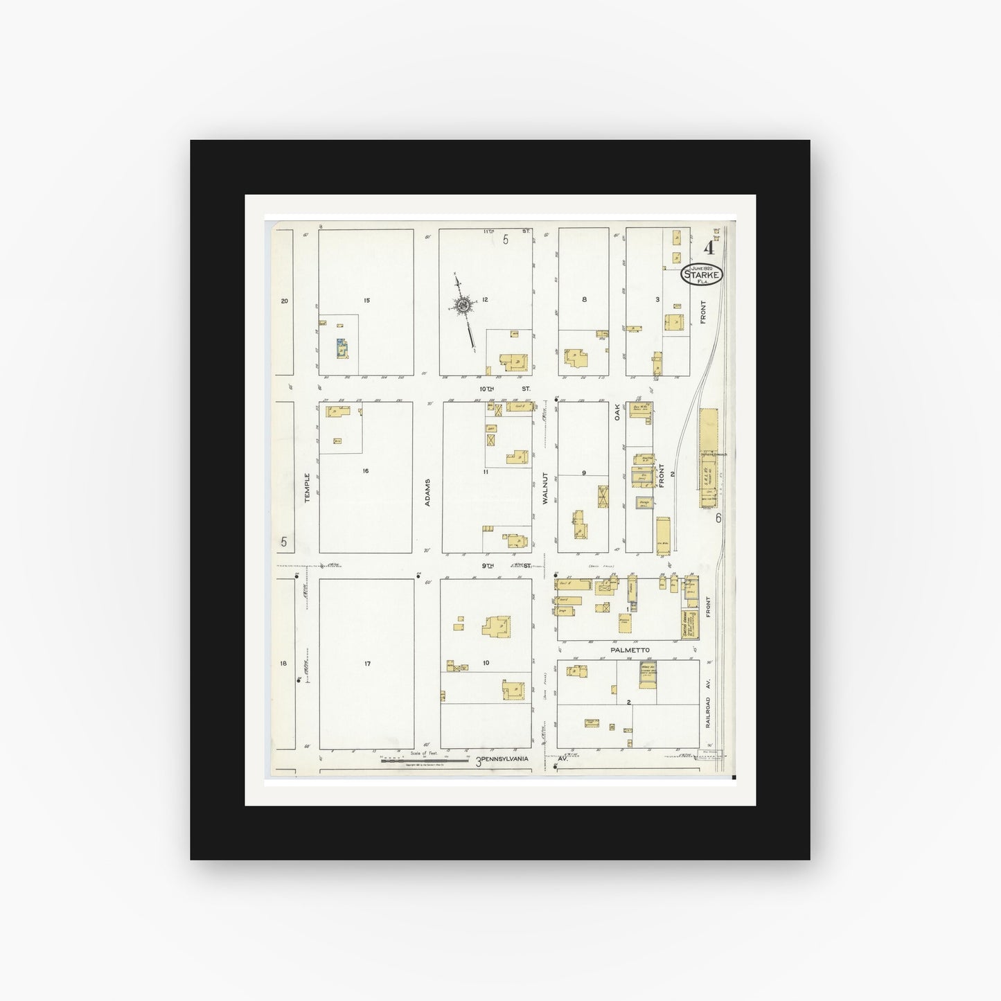 Old map wall art mockup — black gallery frame with white mat — Sanborn Fire Insurance Map from Starke, Bradford County, Florida (1920), Sheet #0004