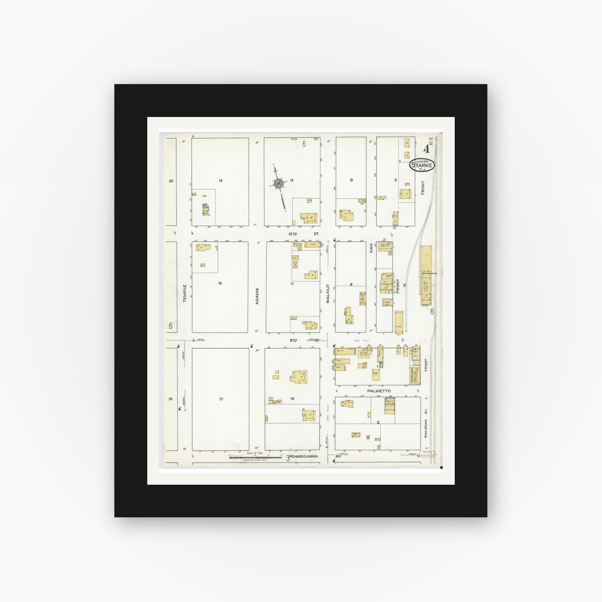 Old map wall art mockup — black gallery frame with white mat — Sanborn Fire Insurance Map from Starke, Bradford County, Florida (1920), Sheet #0004