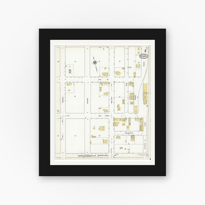 Old map wall art mockup — black gallery frame with white mat — Sanborn Fire Insurance Map from Starke, Bradford County, Florida (1920), Sheet #0004