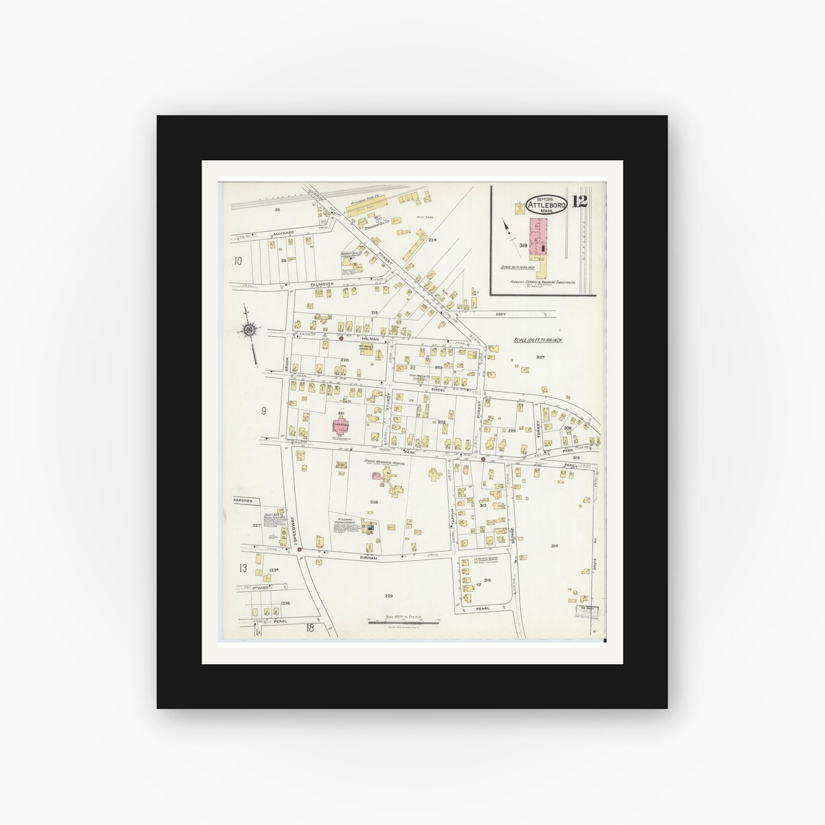 Old map wall art mockup — black gallery frame with white mat — Sanborn Fire Insurance Map from Attleboro, Bristol County, Massachusetts (1916), Sheet #0012
