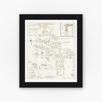 Old map wall art mockup — black gallery frame with white mat — Sanborn Fire Insurance Map from Attleboro, Bristol County, Massachusetts (1916), Sheet #0012