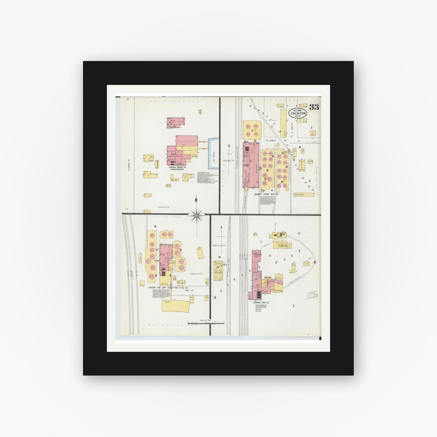 Old map wall art mockup — black gallery frame with white mat — Sanborn Fire Insurance Map from Jackson, Jackson County, Michigan (1899), Sheet #0033