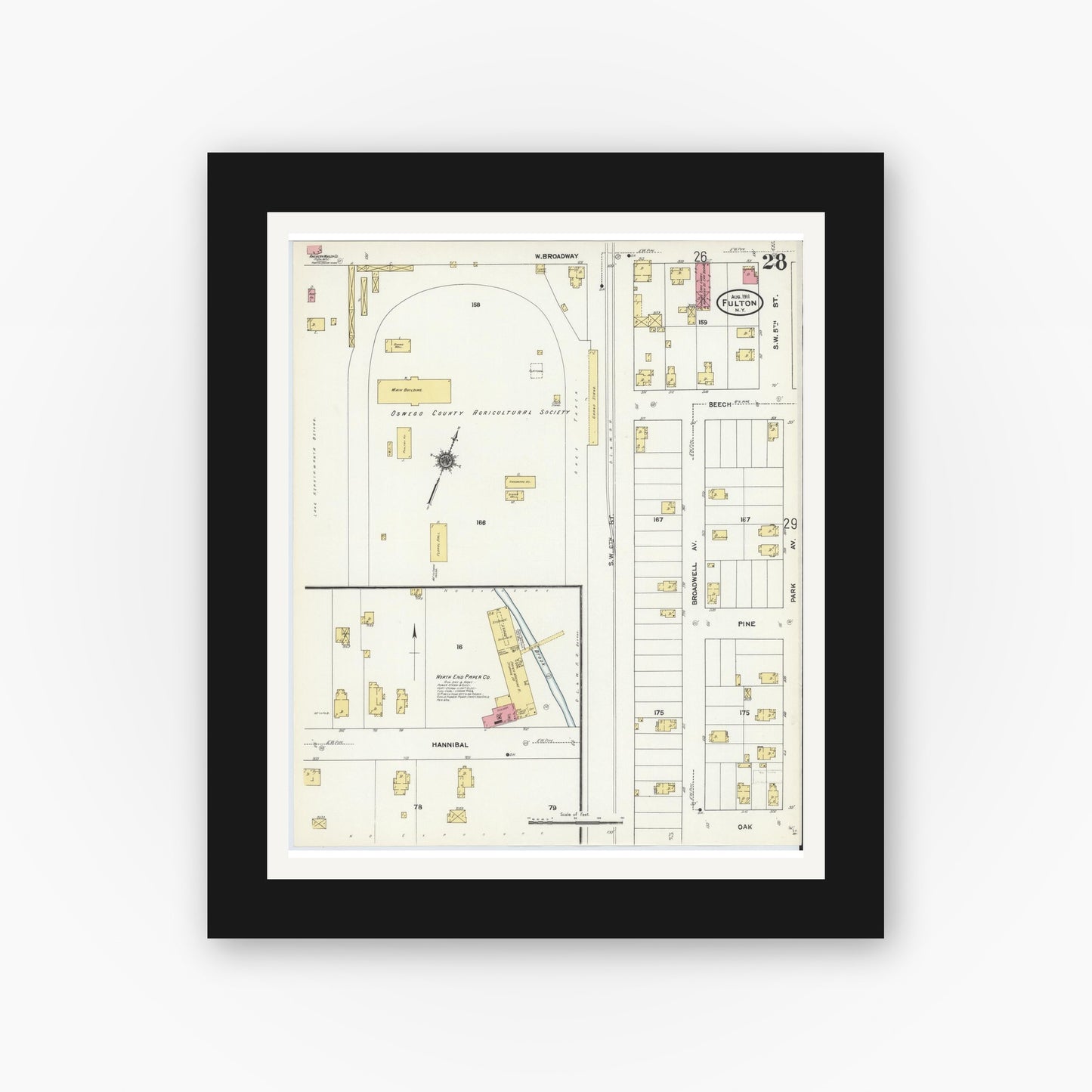 Old map wall art mockup — black gallery frame with white mat — Sanborn Fire Insurance Map from Fulton, Oswego County, New York (1911), Sheet #0028