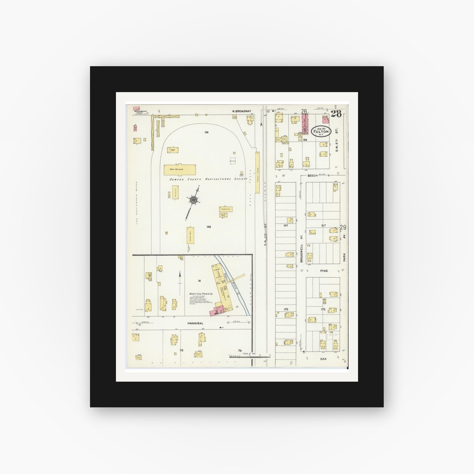 Old map wall art mockup — black gallery frame with white mat — Sanborn Fire Insurance Map from Fulton, Oswego County, New York (1911), Sheet #0028