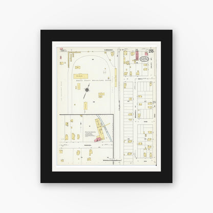 Old map wall art mockup — black gallery frame with white mat — Sanborn Fire Insurance Map from Fulton, Oswego County, New York (1911), Sheet #0028