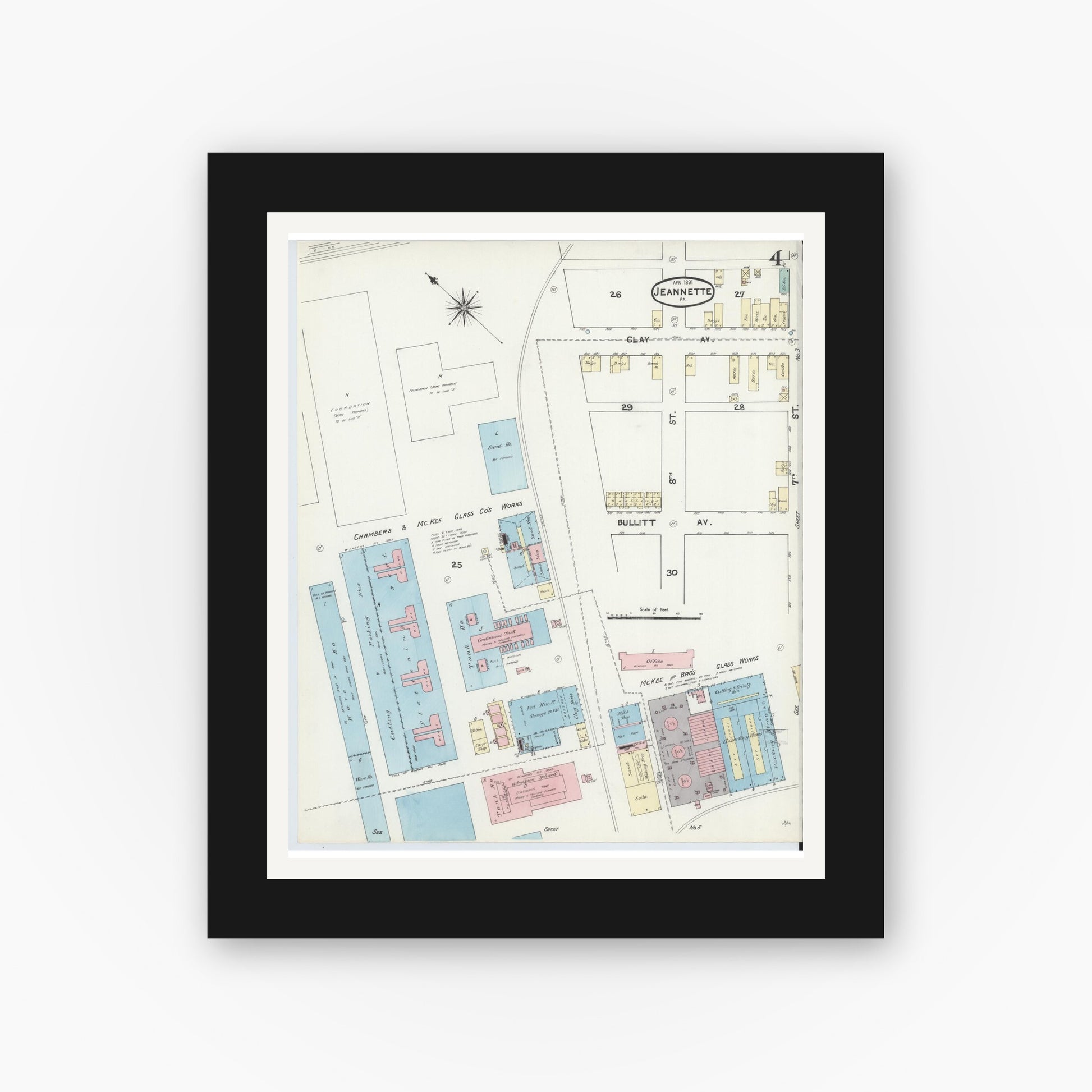 Old map wall art mockup — black gallery frame with white mat — Sanborn Fire Insurance Map from Jeannette, Westmoreland County, Pennsylvania (1891), Sheet #0004