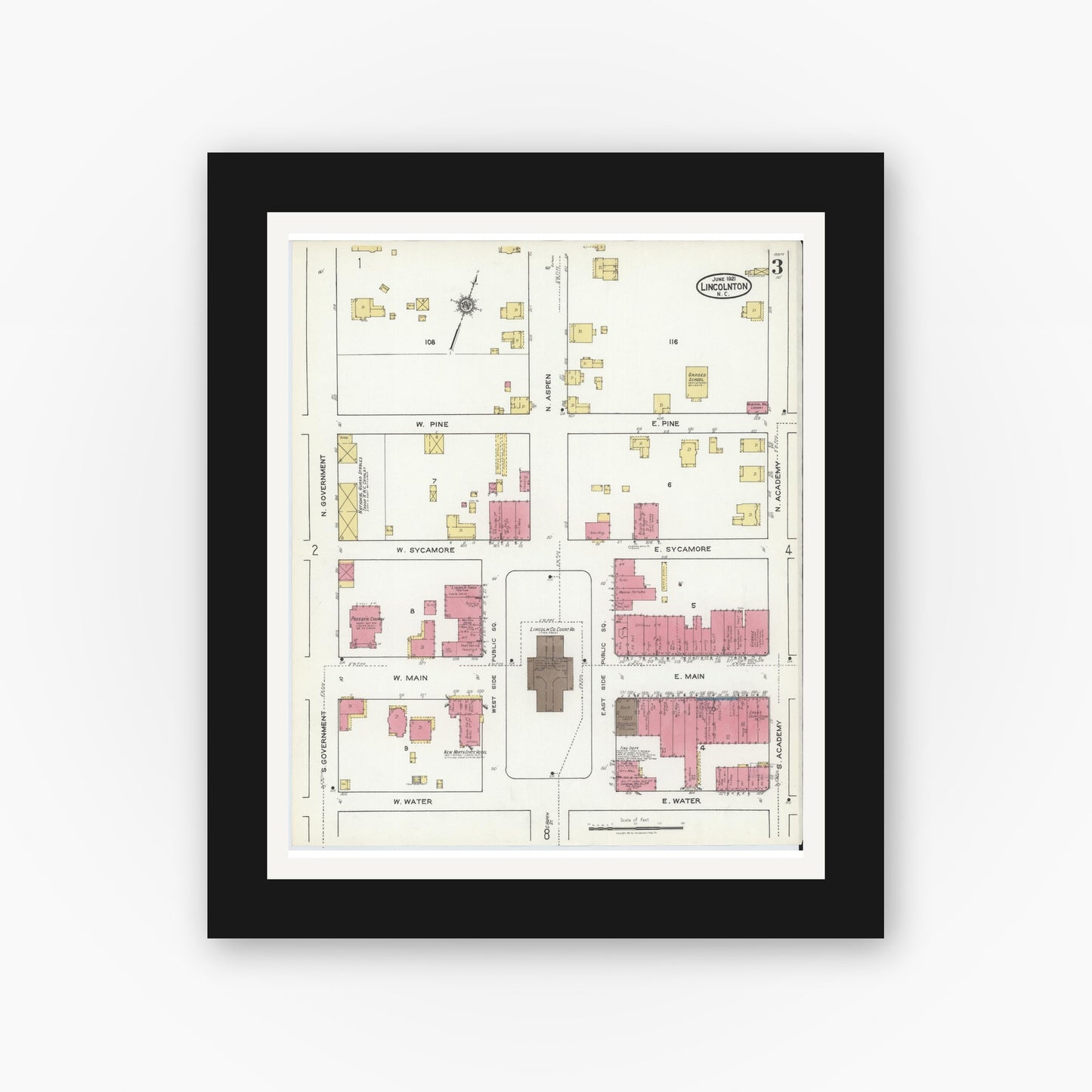 Old map wall art mockup — black gallery frame with white mat — Sanborn Fire Insurance Map from Lincolnton, Lincoln County, North Carolina (1921), Sheet #0003