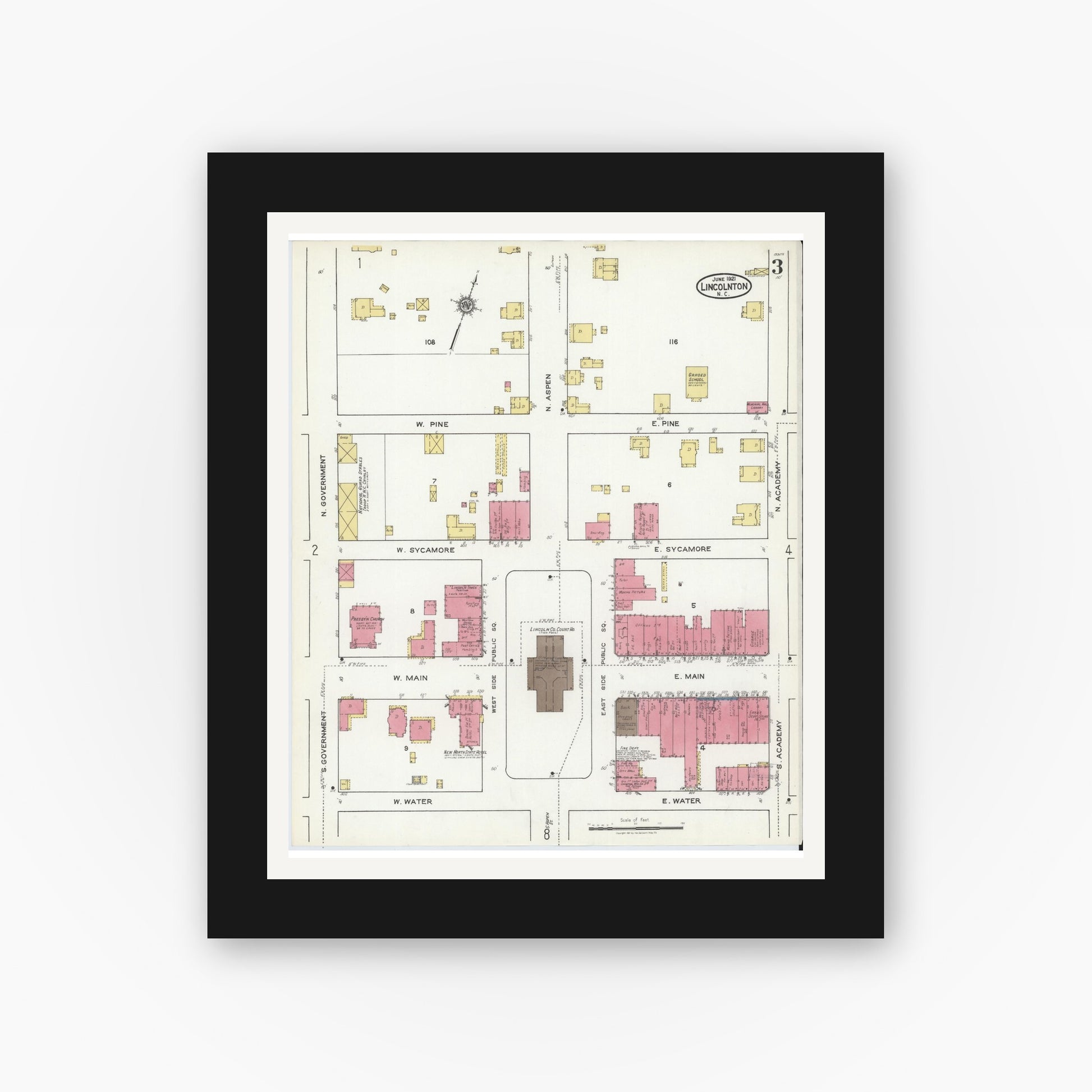 Old map wall art mockup — black gallery frame with white mat — Sanborn Fire Insurance Map from Lincolnton, Lincoln County, North Carolina (1921), Sheet #0003