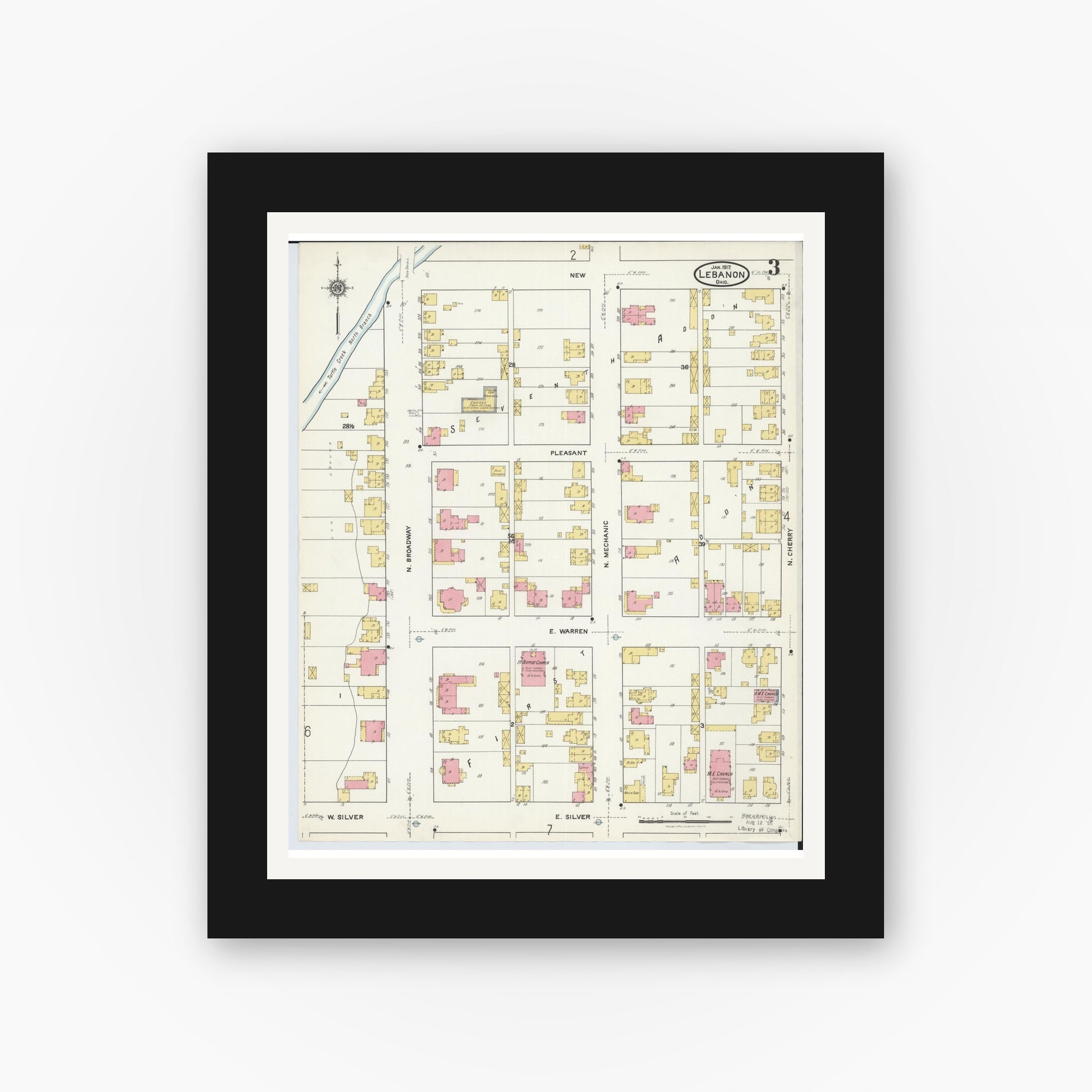 Old map wall art mockup — black gallery frame with white mat — Sanborn Fire Insurance Map from Lebanon, Warren County, Ohio (1917), Sheet #0003