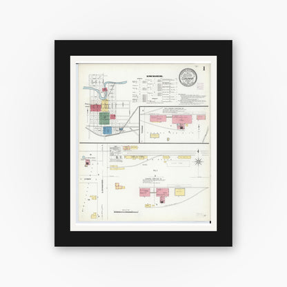 Old map wall art mockup — black gallery frame with white mat — Sanborn Fire Insurance Map from Corunna, Shiawassee County, Michigan (1908), Sheet #0001