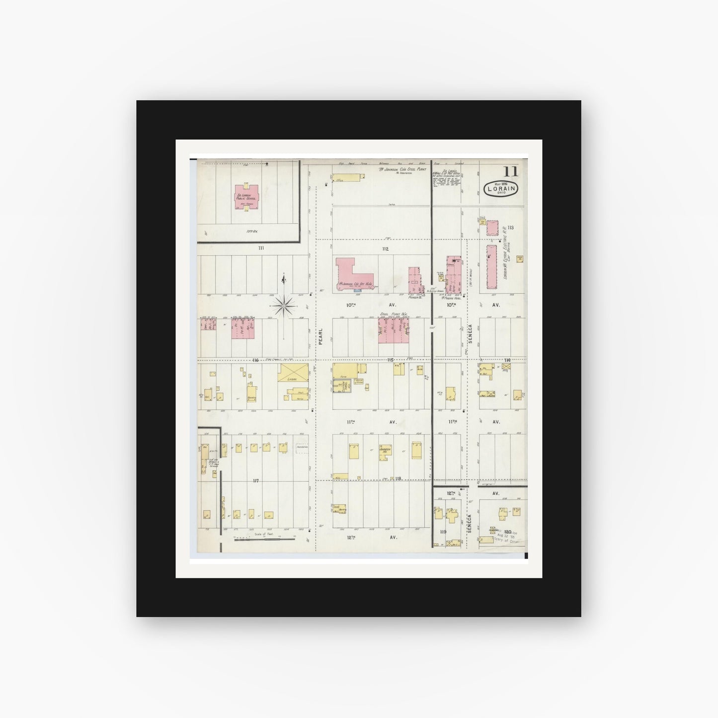 Old map wall art mockup — black gallery frame with white mat — Sanborn Fire Insurance Map from Lorain, Lorain County, Ohio (1896), Sheet #0011