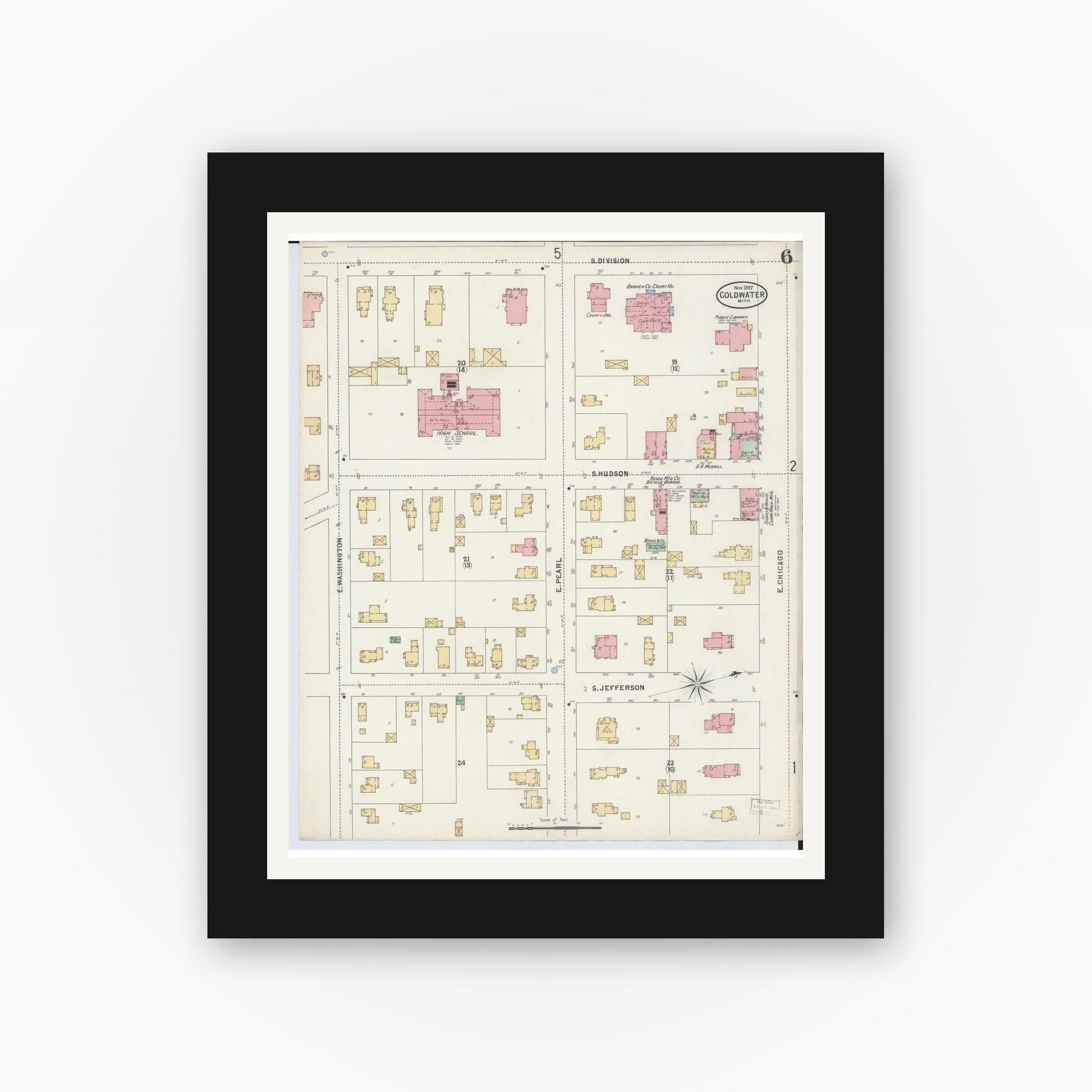 Old map wall art mockup — black gallery frame with white mat — Sanborn Fire Insurance Map from Coldwater, Branch County, Michigan (1897), Sheet #0006
