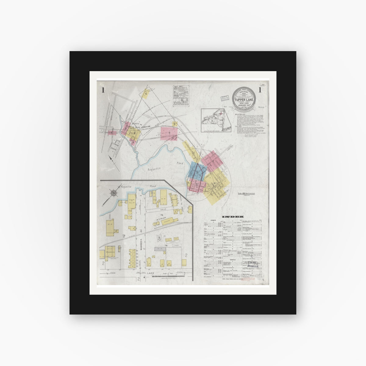 Old map wall art mockup — black gallery frame with white mat — Sanborn Fire Insurance Map from Tupper Lake, Franklin County, New York (1927) - Complete Map Set