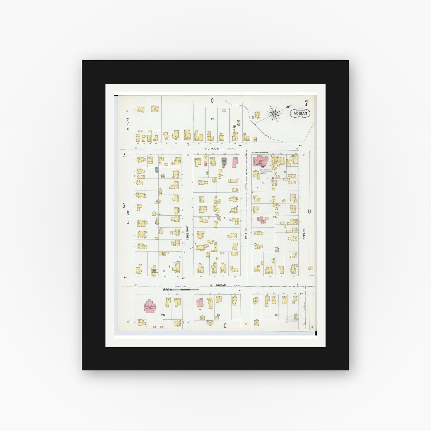 Old map wall art mockup — black gallery frame with white mat — Sanborn Fire Insurance Map from Adrian, Lenawee County, Michigan (1899), Sheet #0007