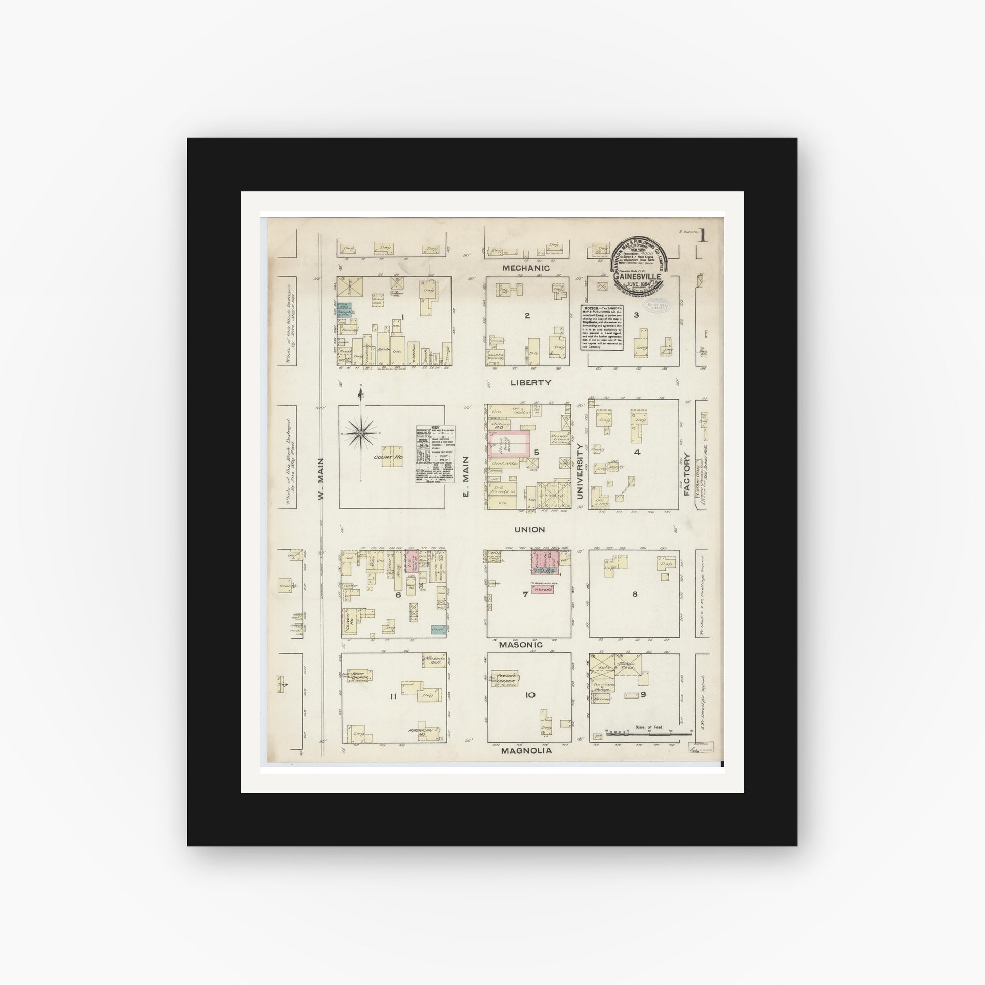 Old map wall art mockup — black gallery frame with white mat — Sanborn Fire Insurance Map from Gainesville, Alachua County, Florida (1884) - Complete Map Set