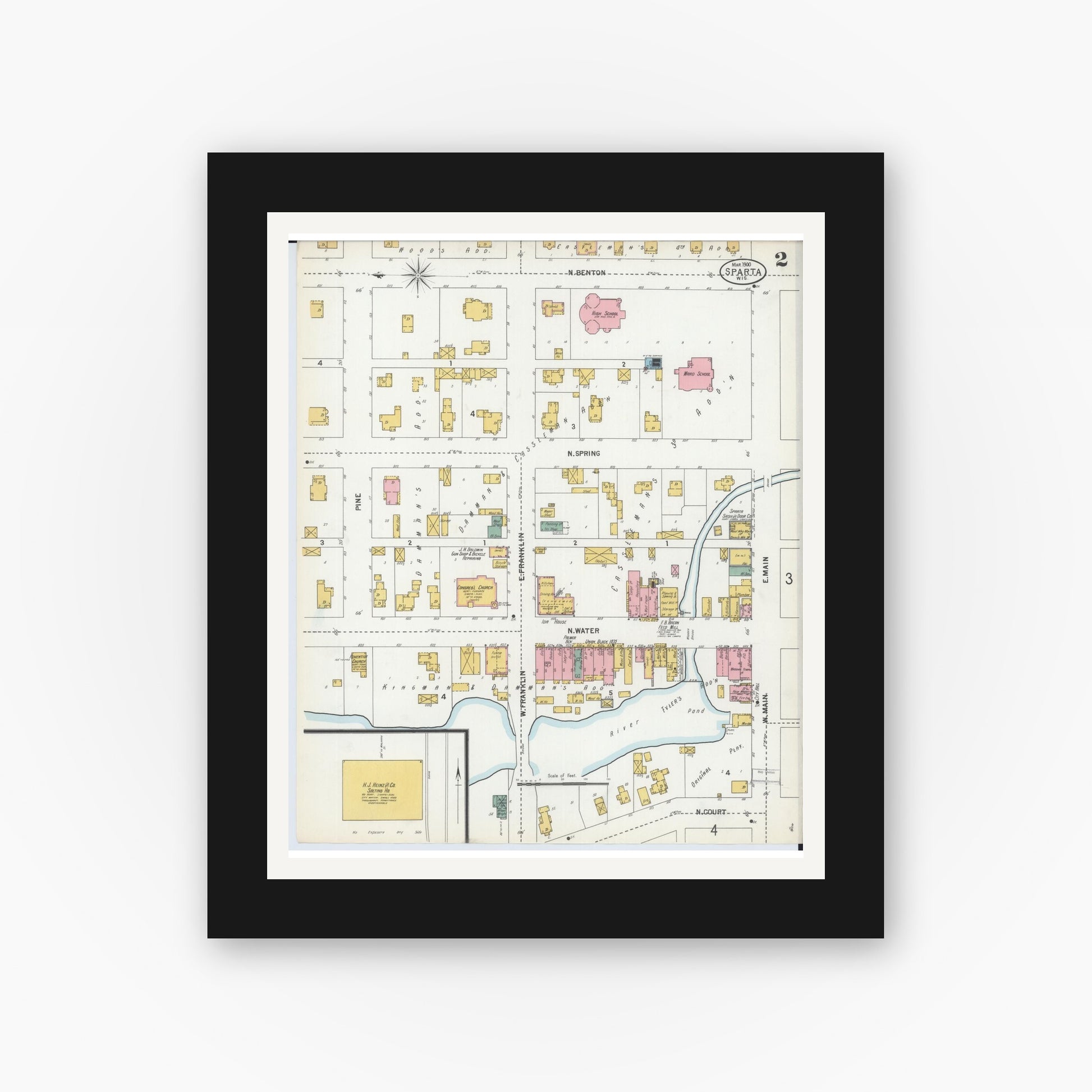 Old map wall art mockup — black gallery frame with white mat — Sanborn Fire Insurance Map from Sparta, Monroe County, Wisconsin (1900), Sheet #0002