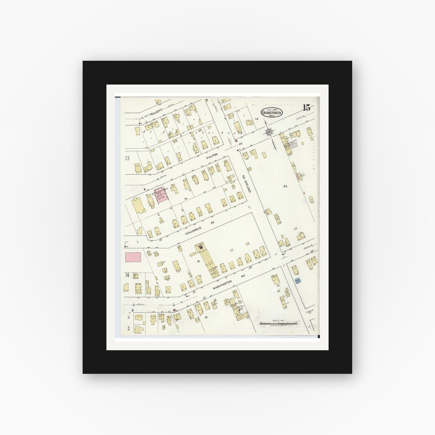 Old map wall art mockup — black gallery frame with white mat — Sanborn Fire Insurance Map from Grand Haven, Ottawa County, Michigan (1920), Sheet #0015
