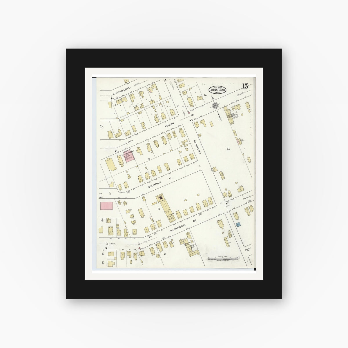 Old map wall art mockup — black gallery frame with white mat — Sanborn Fire Insurance Map from Grand Haven, Ottawa County, Michigan (1920), Sheet #0015