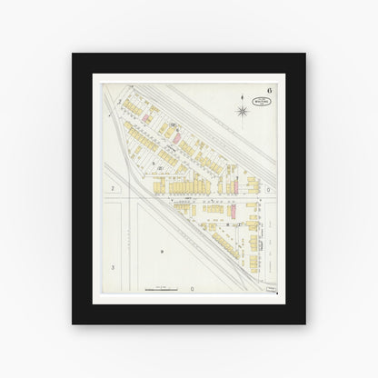 Old map wall art mockup — black gallery frame with white mat — Sanborn Fire Insurance Map from Whiting, Lake County, Indiana (1896), Sheet #0006