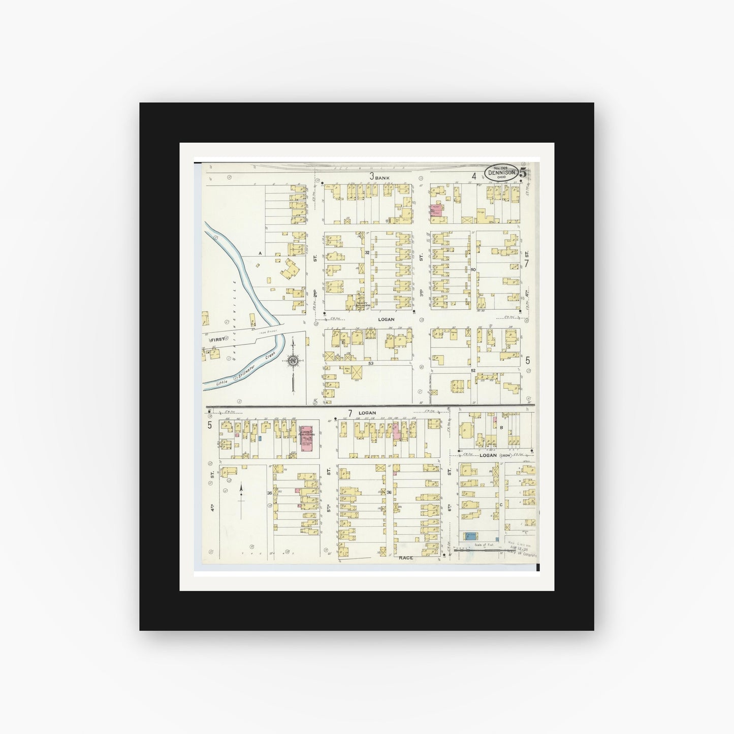 Old map wall art mockup — black gallery frame with white mat — Sanborn Fire Insurance Map from Dennison, Tuscarawas County, Ohio (1909), Sheet #0005