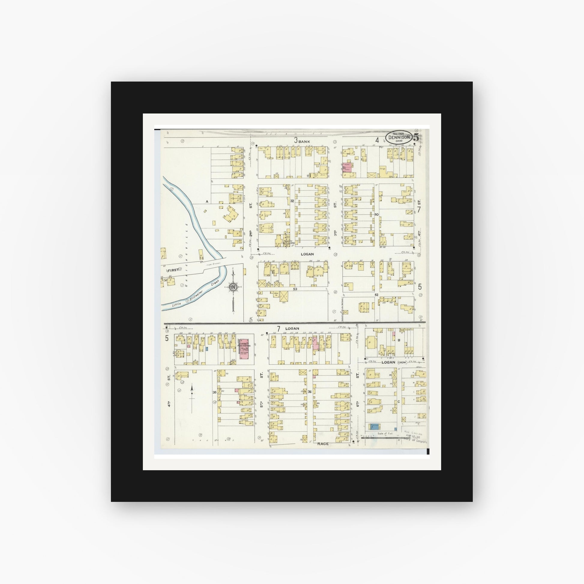 Old map wall art mockup — black gallery frame with white mat — Sanborn Fire Insurance Map from Dennison, Tuscarawas County, Ohio (1909), Sheet #0005