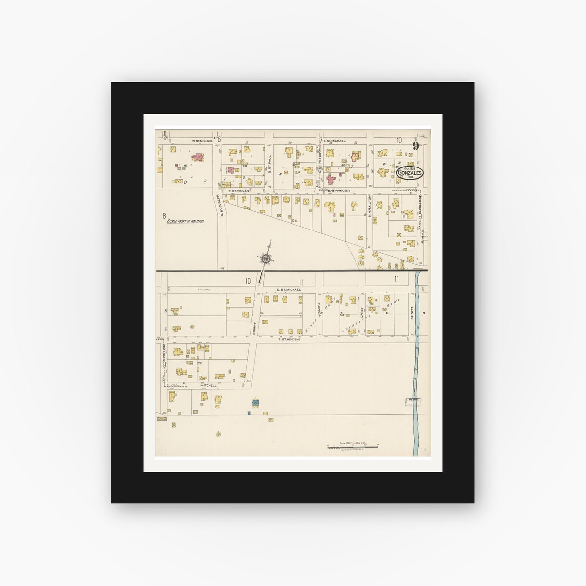 Old map wall art mockup — black gallery frame with white mat — Sanborn Fire Insurance Map from Gonzales, Gonzales County, Texas (1922), Sheet #0009